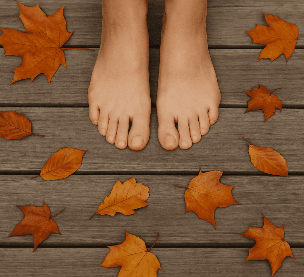 Pies sensibles en otoño sobre madera rodeados de hojas secas, símbolo de cambio estacional y necesidad de calzado adecuado