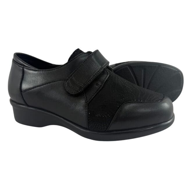 Zapatos con velcro para mujer, de piel y tejido flexible, color negro, especial para juanetes y dolencias en los pies, modelo 8422