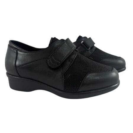 Chaussures confortables à velcro pour femmes, en cuir et tissu souple, couleur noire, spécialement conçues pour les oignons et les douleurs aux pieds, modèle 8422