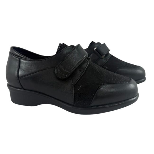Chaussures confortables à velcro pour femmes, en cuir et tissu souple, couleur noire, spécialement conçues pour les oignons et les douleurs aux pieds, modèle 8422